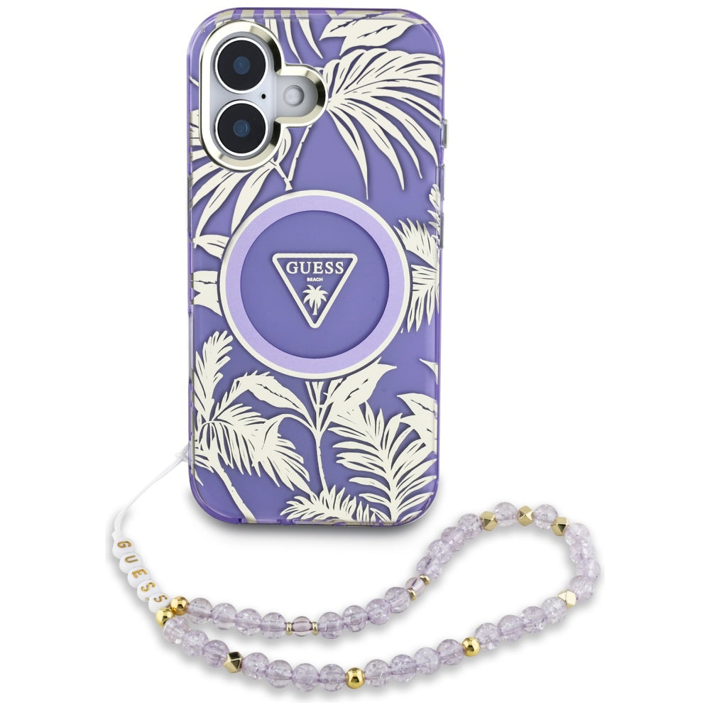 Puzdro MagSafe pre Apple iPhone 16, Guess, IML Palm Trees Triangle with Pearl Strap, Fialové