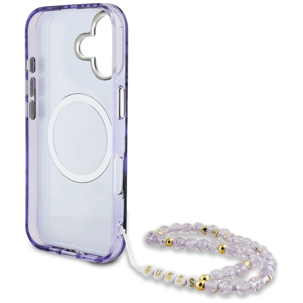 Puzdro MagSafe pre Apple iPhone 16, Guess, IML Palm Trees Triangle with Pearl Strap, Fialové