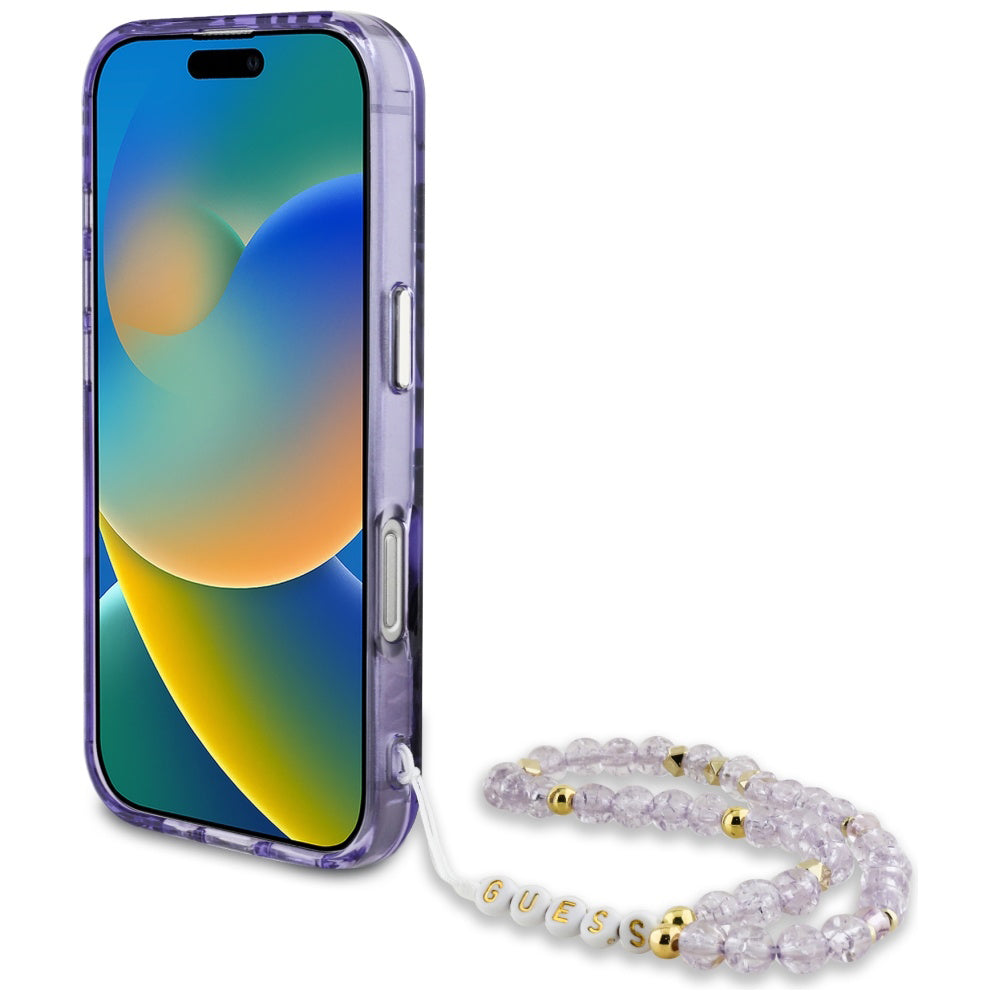 Puzdro MagSafe pre Apple iPhone 16, Guess, IML Palm Trees Triangle with Pearl Strap, Fialové