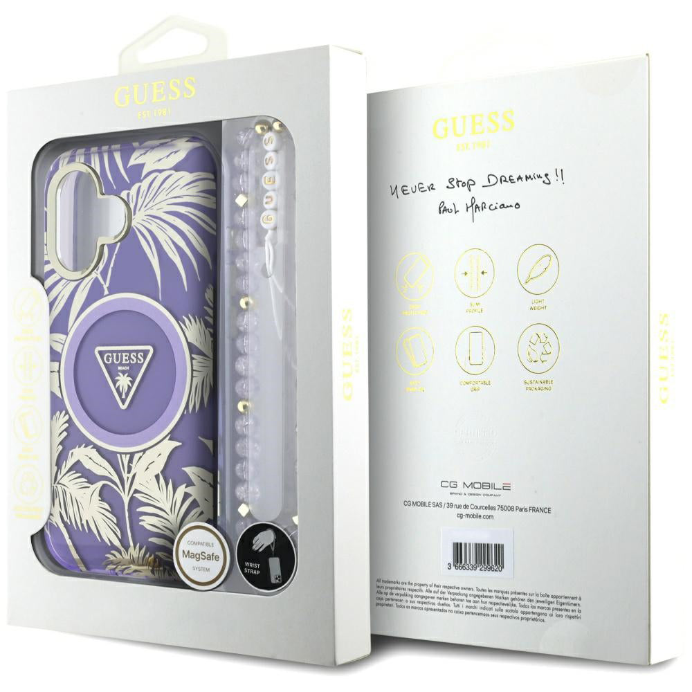 Puzdro MagSafe pre Apple iPhone 16, Guess, IML Palm Trees Triangle with Pearl Strap, Fialové