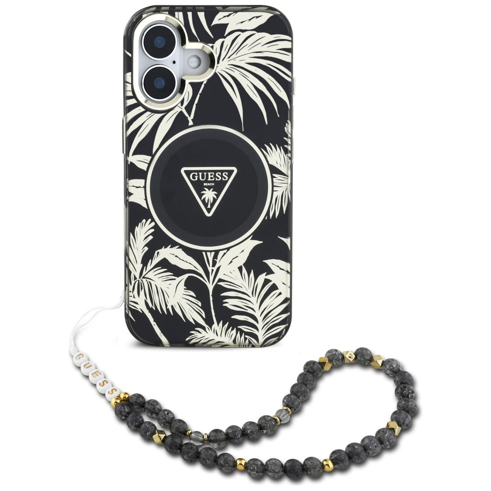 Puzdro MagSafe pre Apple iPhone 16, Guess, IML Palm Trees Triangle with Pearl Strap, Čierne