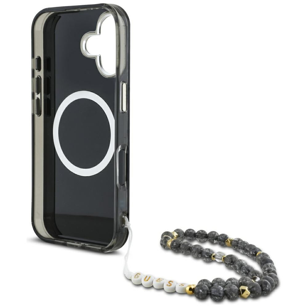 Puzdro MagSafe pre Apple iPhone 16, Guess, IML Palm Trees Triangle with Pearl Strap, Čierne