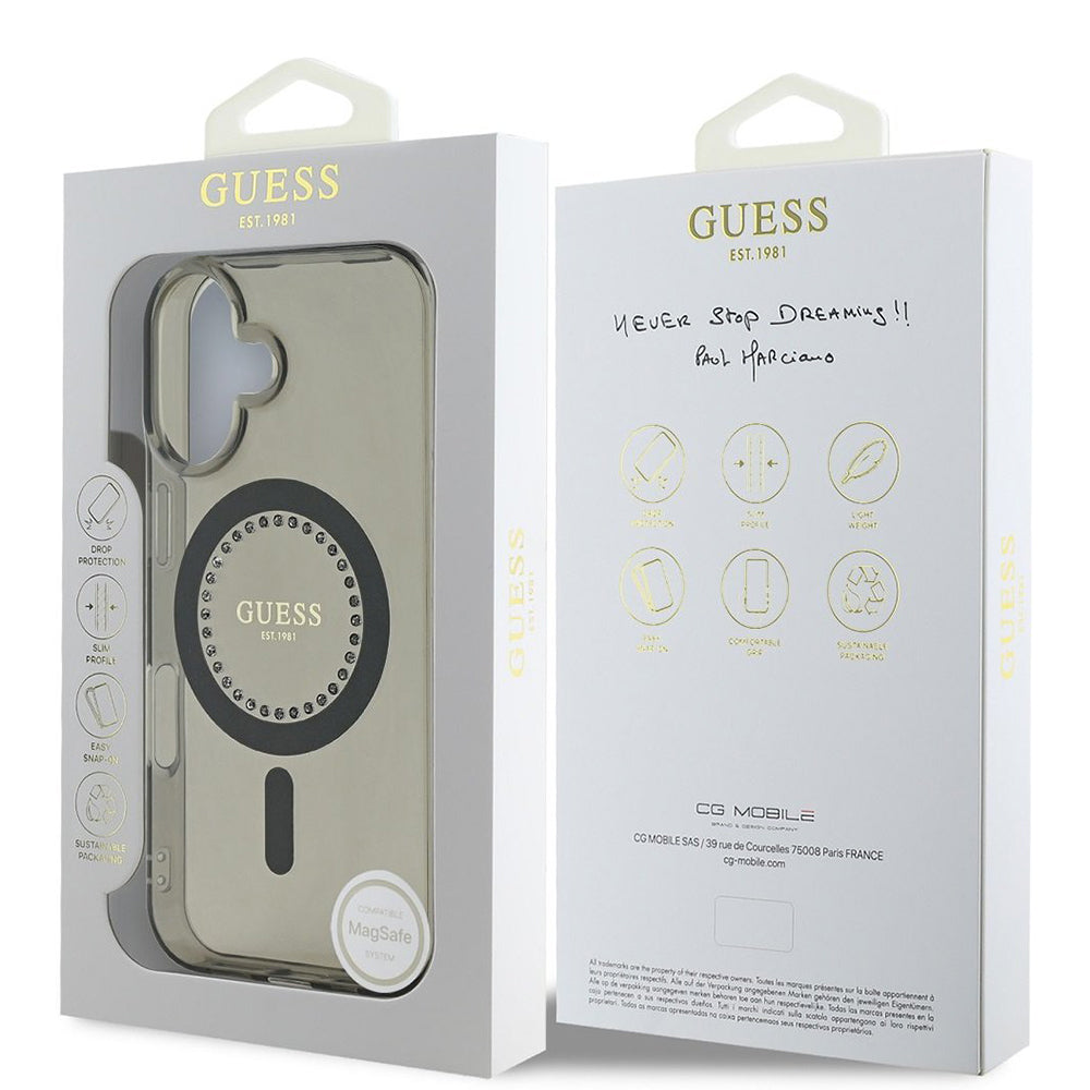 Puzdro MagSafe pre Apple iPhone 16, Guess, IML Rhinestone, Čierne