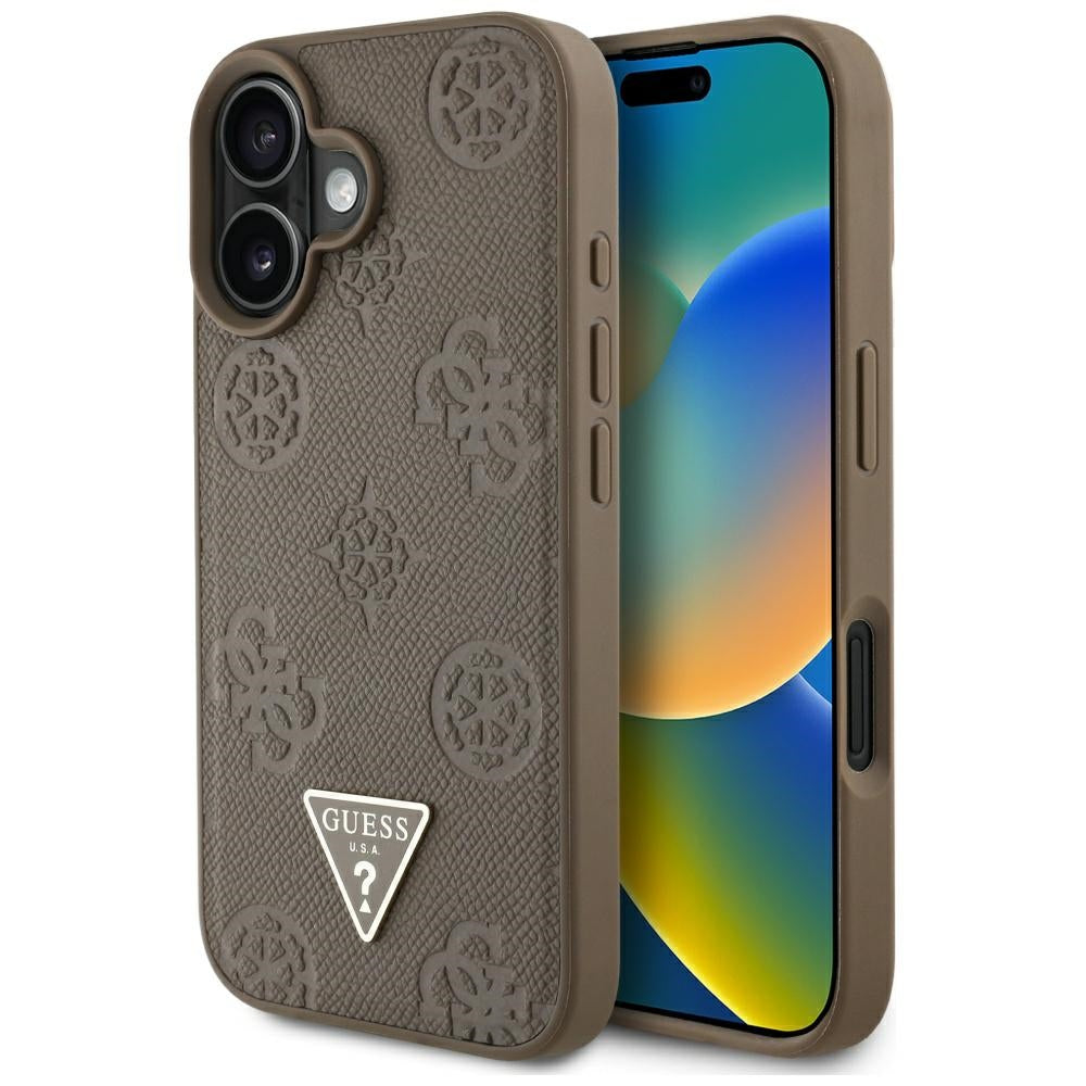 Puzdro MagSafe pre Apple iPhone 16, Guess, Peony Grained Hot Stamp Triangle, Hnedé