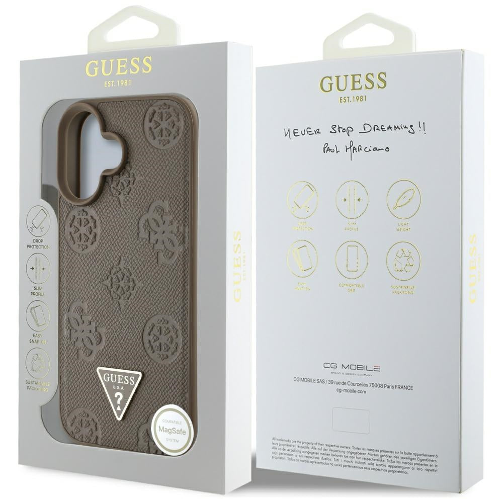 Puzdro MagSafe pre Apple iPhone 16, Guess, Peony Grained Hot Stamp Triangle, Hnedé
