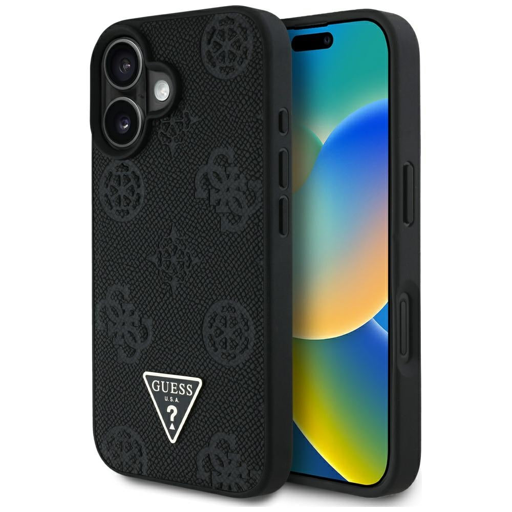 Puzdro MagSafe pre Apple iPhone 16, Guess, Peony Grained Hot Stamp Triangle, Čierne