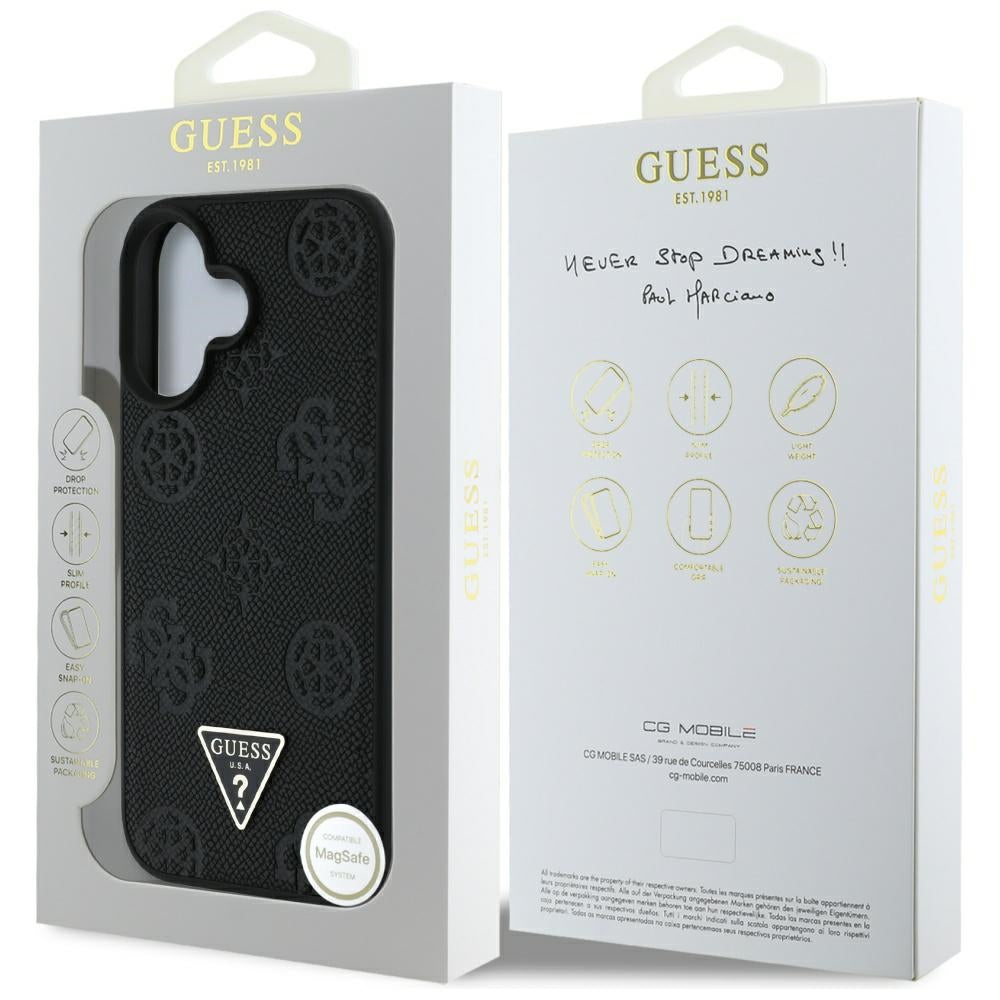 Puzdro MagSafe pre Apple iPhone 16, Guess, Peony Grained Hot Stamp Triangle, Čierne