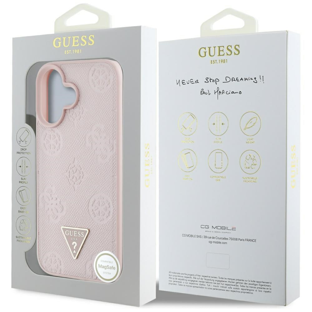 Puzdro MagSafe pre Apple iPhone 16, Guess, Peony Grained Hot Stamp Triangle, Ružové