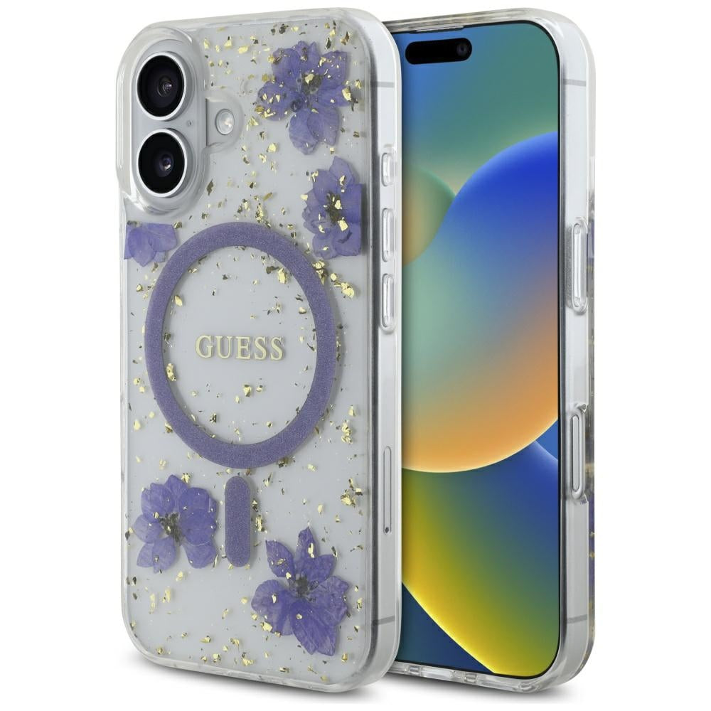Puzdro MagSafe pre Apple iPhone 16, Guess, Resin Flowers and Glitter, Fialová