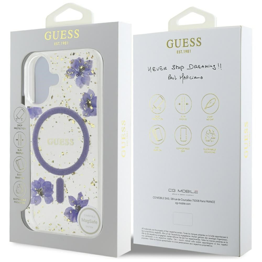 Puzdro MagSafe pre Apple iPhone 16, Guess, Resin Flowers and Glitter, Fialová