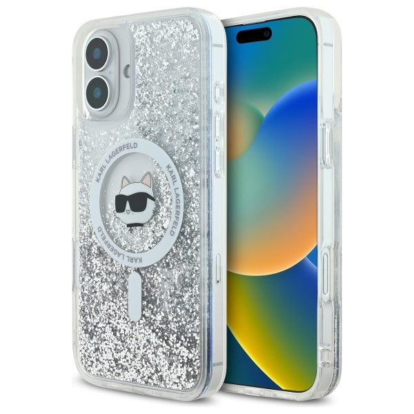 Puzdro MagSafe pre Apple iPhone 16, Karl Lagerfeld, Glitter Liquid Choupette Head, Transparentné