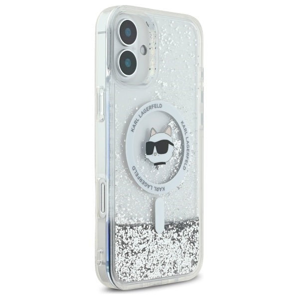 Puzdro MagSafe pre Apple iPhone 16, Karl Lagerfeld, Glitter Liquid Choupette Head, Transparentné