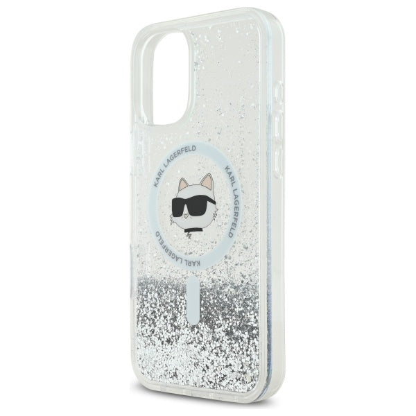 Puzdro MagSafe pre Apple iPhone 16, Karl Lagerfeld, Glitter Liquid Choupette Head, Transparentné