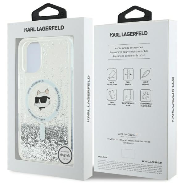 Puzdro MagSafe pre Apple iPhone 16, Karl Lagerfeld, Glitter Liquid Choupette Head, Transparentné