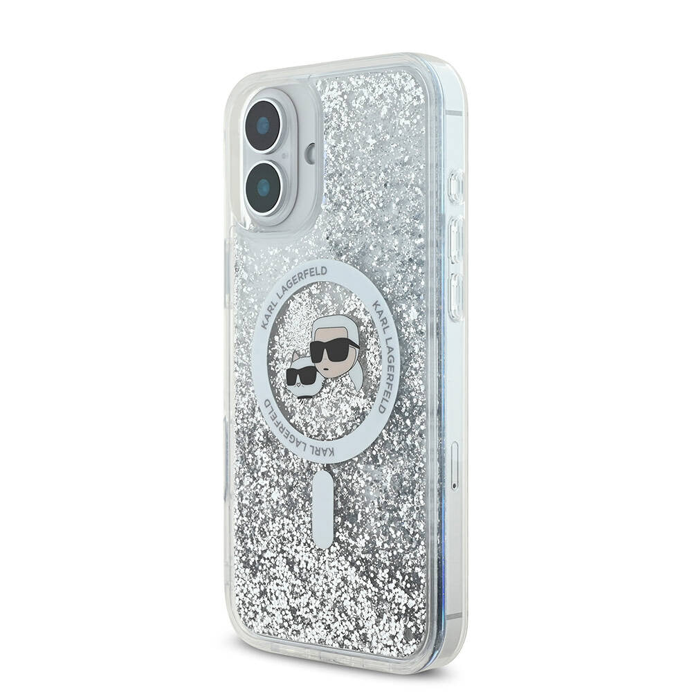 Puzdro MagSafe pre Apple iPhone 16, Karl Lagerfeld, Glitter Liquid Karl & Choupette's Heads, Transparentné