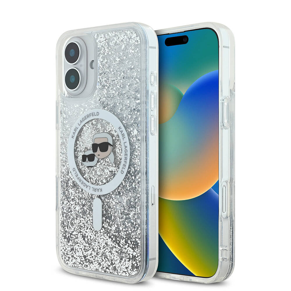 Puzdro MagSafe pre Apple iPhone 16, Karl Lagerfeld, Glitter Liquid Karl & Choupette's Heads, Transparentné