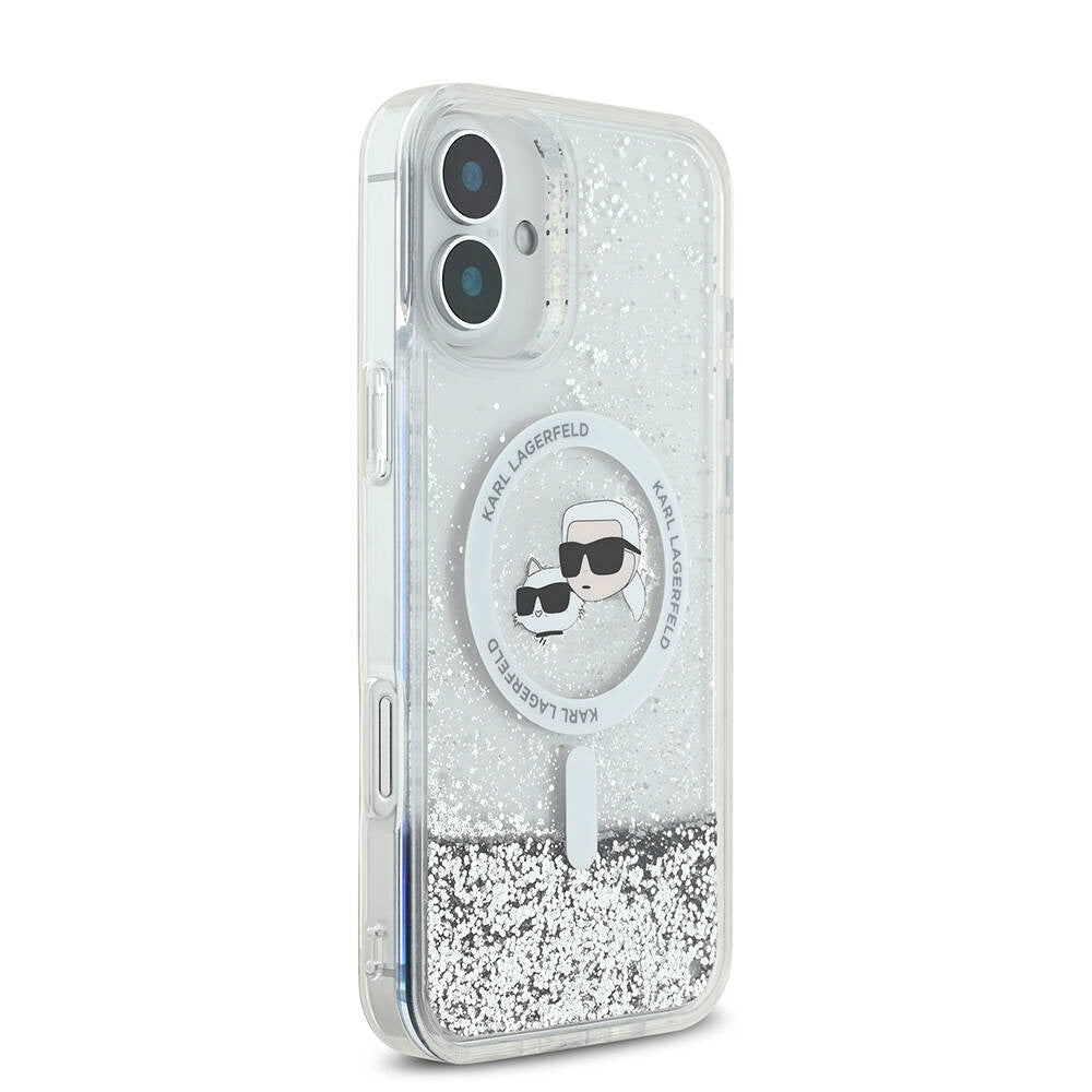 Puzdro MagSafe pre Apple iPhone 16, Karl Lagerfeld, Glitter Liquid Karl & Choupette's Heads, Transparentné