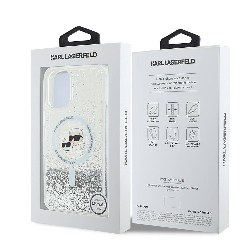 Puzdro MagSafe pre Apple iPhone 16, Karl Lagerfeld, Glitter Liquid Karl & Choupette's Heads, Transparentné