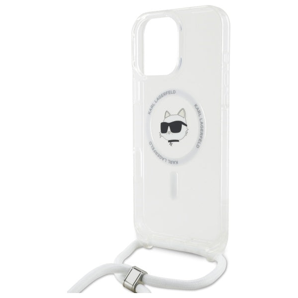 Puzdro MagSafe pre Apple iPhone 16, Karl Lagerfeld, IML Crossbody Choupette's Head with Strap, Transparentné