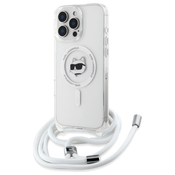 Puzdro MagSafe pre Apple iPhone 16, Karl Lagerfeld, IML Crossbody Choupette's Head with Strap, Transparentné