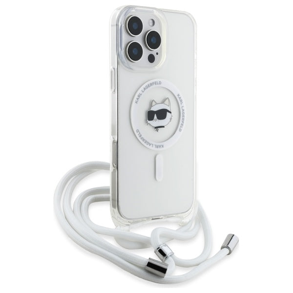 Puzdro MagSafe pre Apple iPhone 16, Karl Lagerfeld, IML Crossbody Choupette's Head with Strap, Transparentné