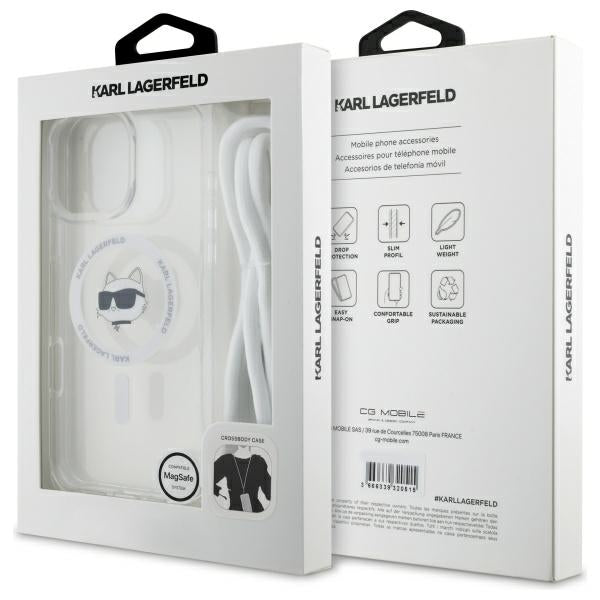 Puzdro MagSafe pre Apple iPhone 16, Karl Lagerfeld, IML Crossbody Choupette's Head with Strap, Transparentné