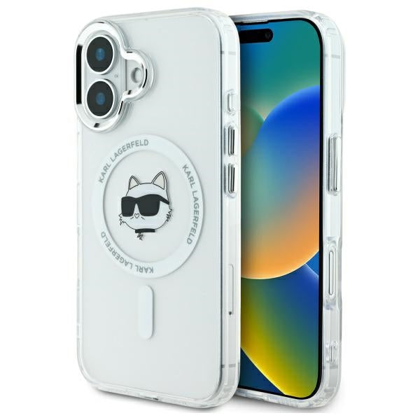 Puzdro MagSafe pre Apple iPhone 16, Karl Lagerfeld, IML Metal Choupette's Head, Biela