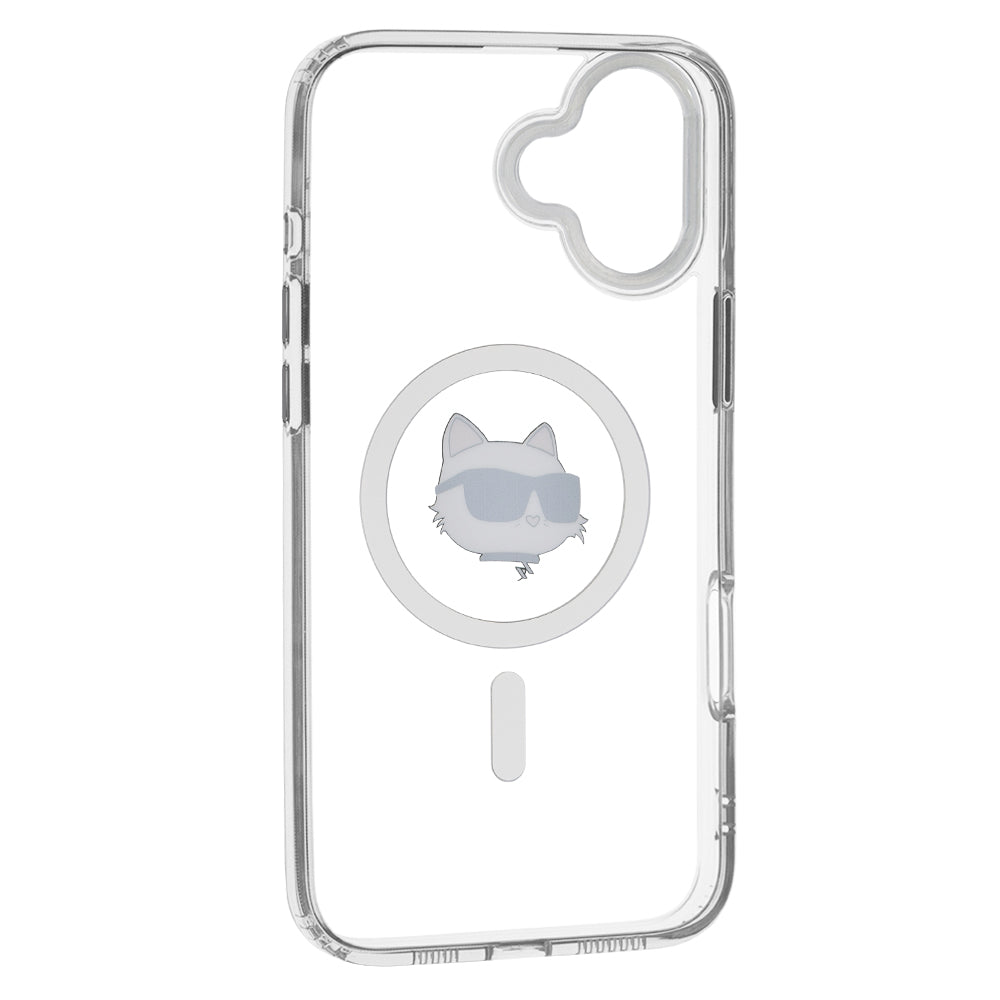 Puzdro MagSafe pre Apple iPhone 16, Karl Lagerfeld, IML Metal Choupette's Head, Biela