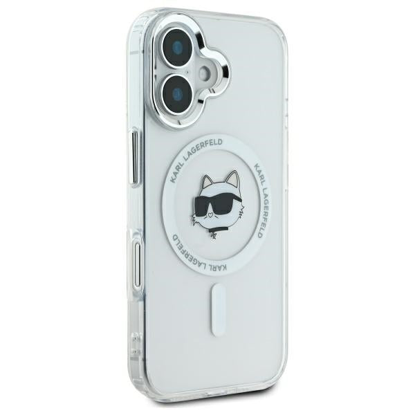 Puzdro MagSafe pre Apple iPhone 16, Karl Lagerfeld, IML Metal Choupette's Head, Biela