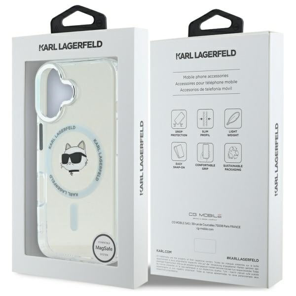 Puzdro MagSafe pre Apple iPhone 16, Karl Lagerfeld, IML Metal Choupette's Head, Biela