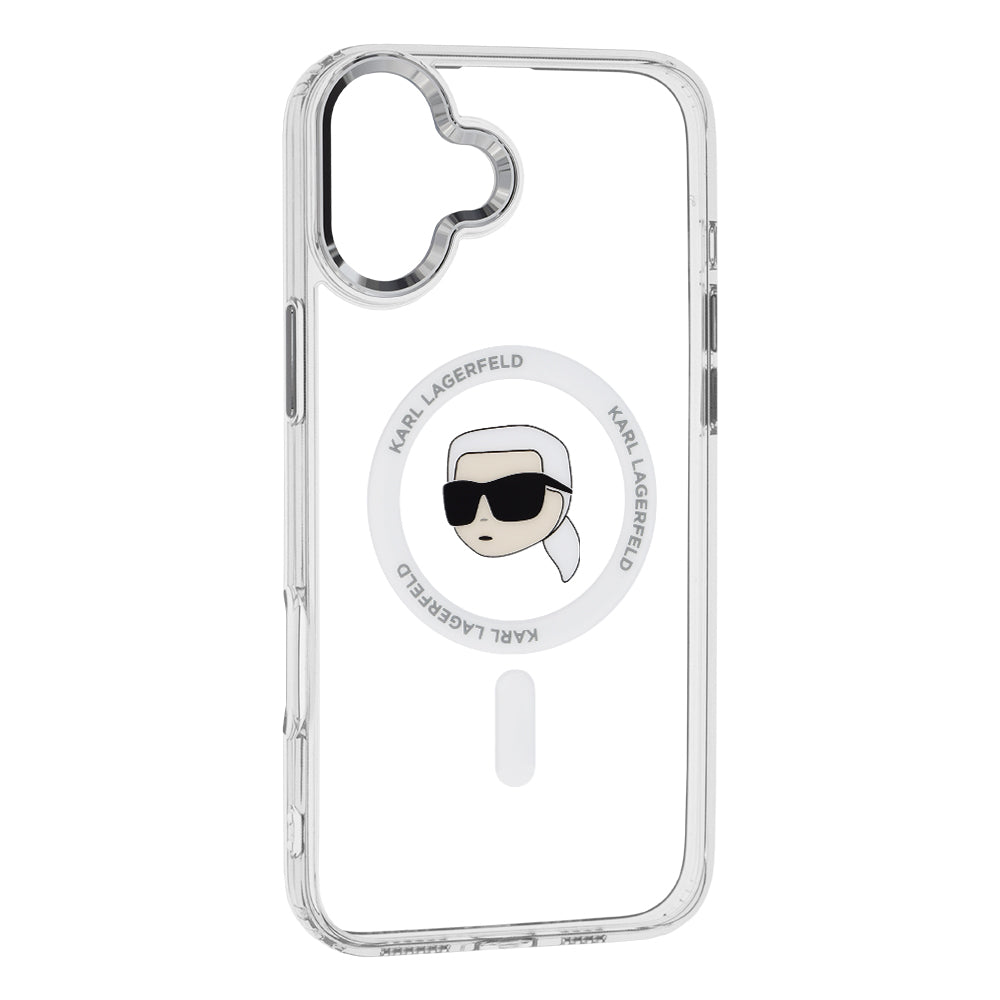 Puzdro MagSafe pre Apple iPhone 16, Karl Lagerfeld, IML Metal Karl's Head, Biela