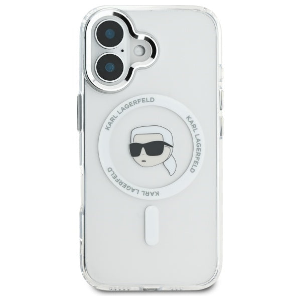 Puzdro MagSafe pre Apple iPhone 16, Karl Lagerfeld, IML Metal Karl's Head, Biela