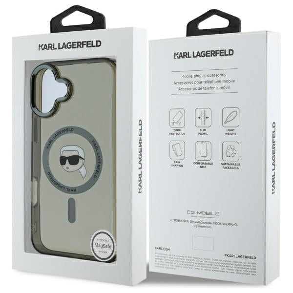 Puzdro MagSafe pre Apple iPhone 16, Karl Lagerfeld, IML Metal Karl's Head, Čierne