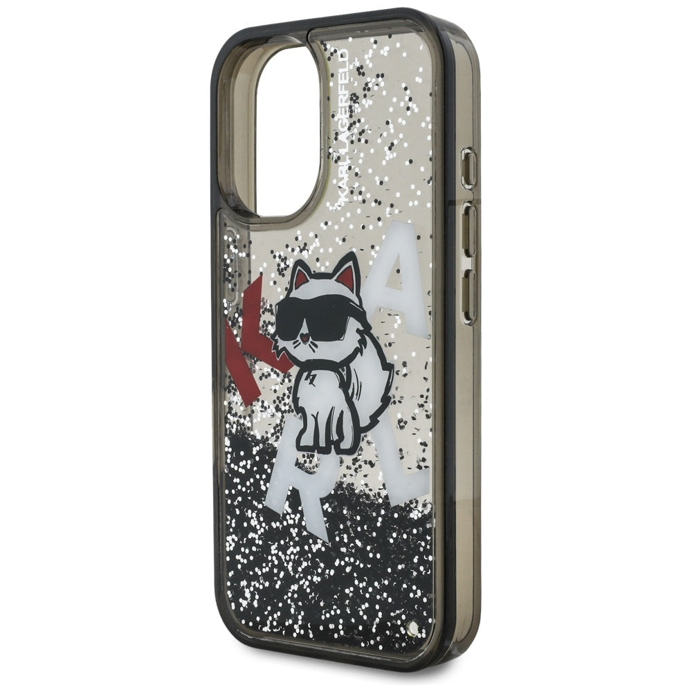 Puzdro MagSafe pre Apple iPhone 16, Karl Lagerfeld, Liquid Glitter Choupette Logo, Čierne