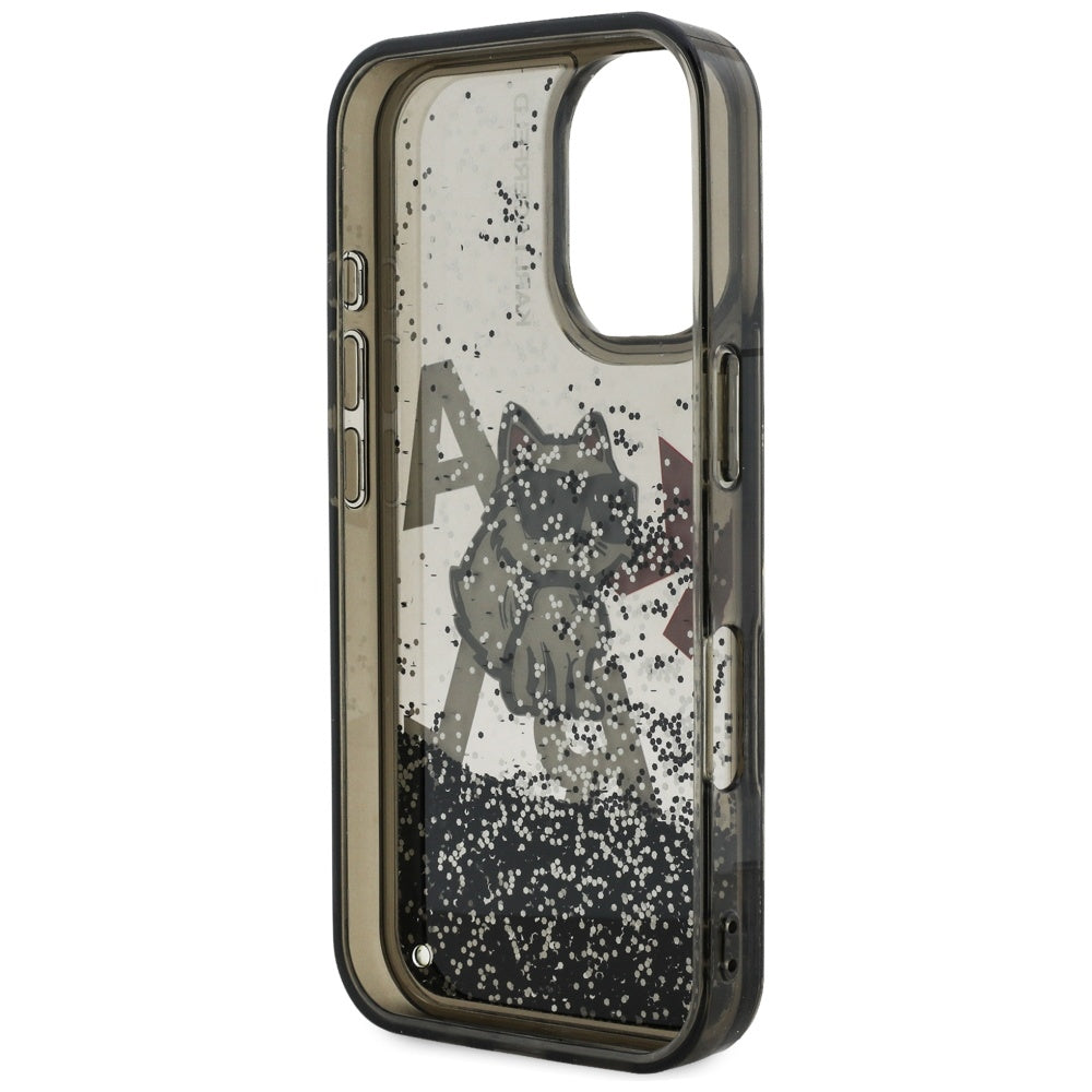Puzdro MagSafe pre Apple iPhone 16, Karl Lagerfeld, Liquid Glitter Choupette Logo, Čierne
