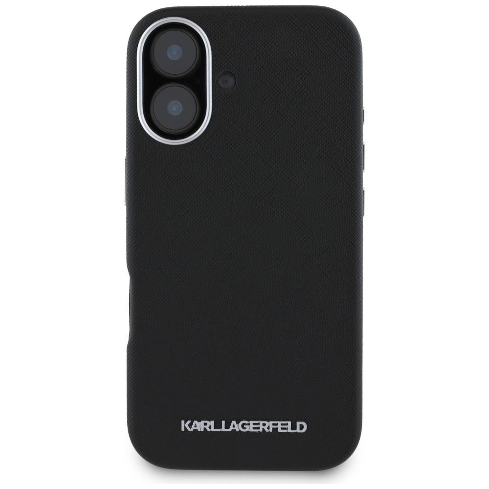 Puzdro MagSafe pre Apple iPhone 16, Karl Lagerfeld, Saffiano Full Wrapped Elongated Metal Logo, Čierne