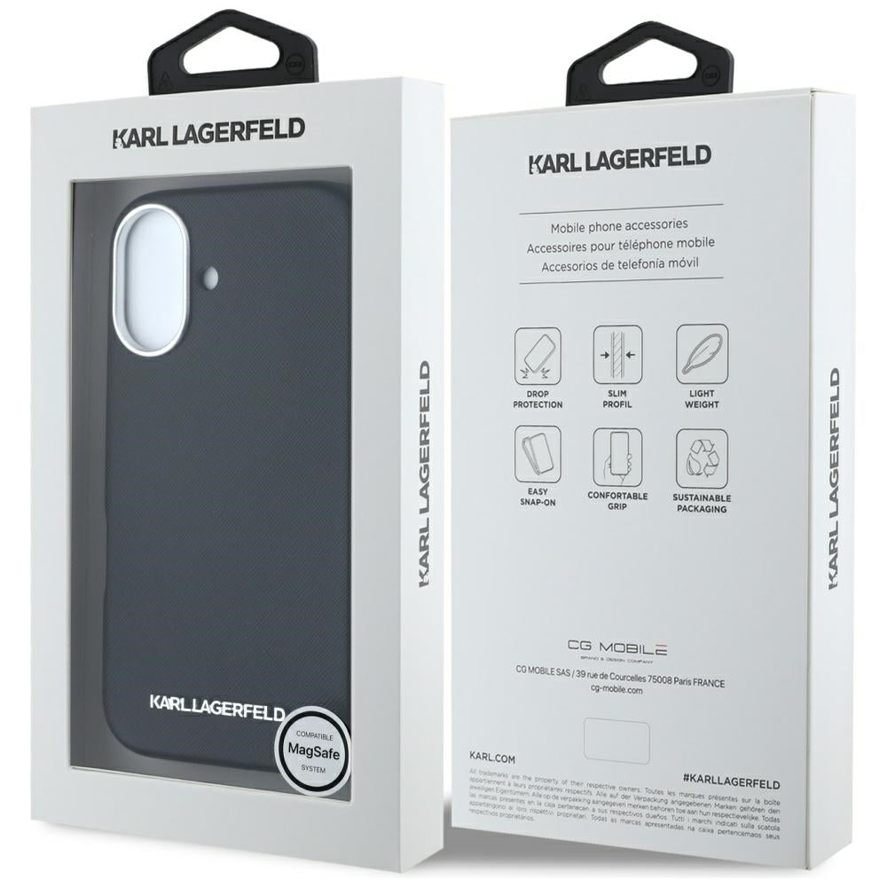Puzdro MagSafe pre Apple iPhone 16, Karl Lagerfeld, Saffiano Full Wrapped Elongated Metal Logo, Čierne