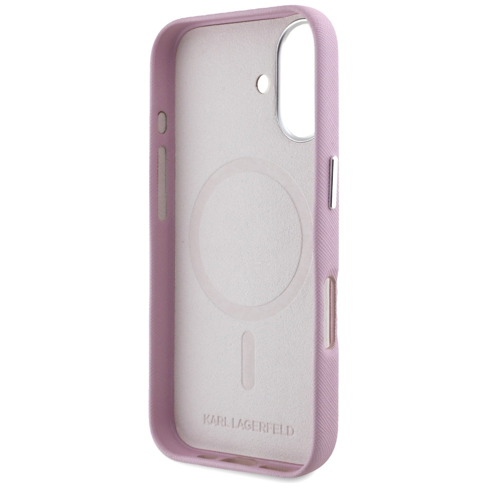 MagSafe Case for Apple iPhone 16, Karl Lagerfeld, Saffiano Full Wrapped Elongated Metal Logo, Pink