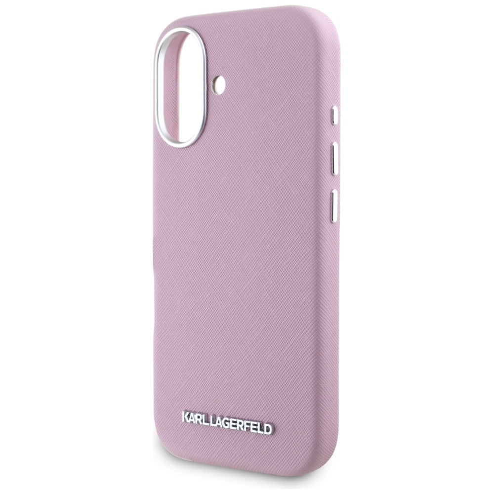 MagSafe Case for Apple iPhone 16, Karl Lagerfeld, Saffiano Full Wrapped Elongated Metal Logo, Pink