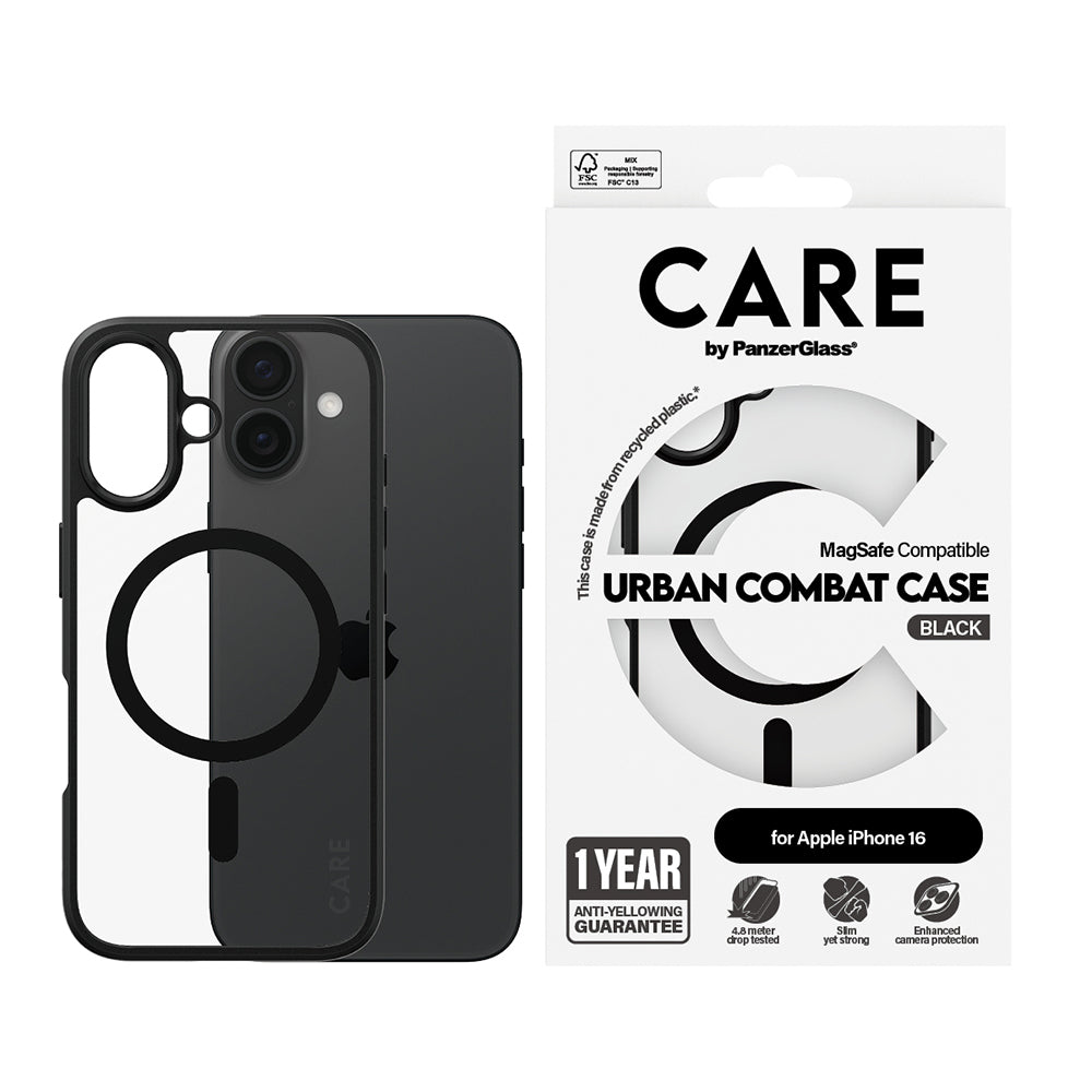 Puzdro MagSafe pre Apple iPhone 16, PanzerGlass, Care Urban Combat, Čierne Transparentné