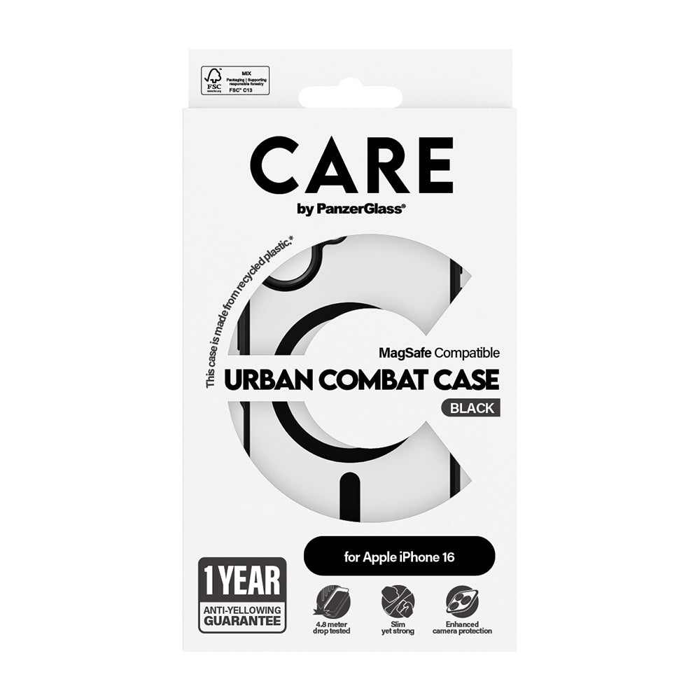 Puzdro MagSafe pre Apple iPhone 16, PanzerGlass, Care Urban Combat, Čierne Transparentné