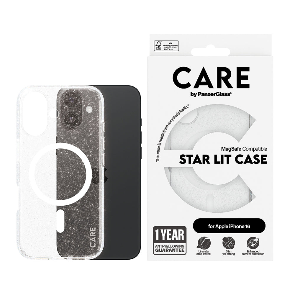 Puzdro MagSafe pre Apple iPhone 16, PanzerGlass, Care Urban Combat Star Lit, Biela Transparentná