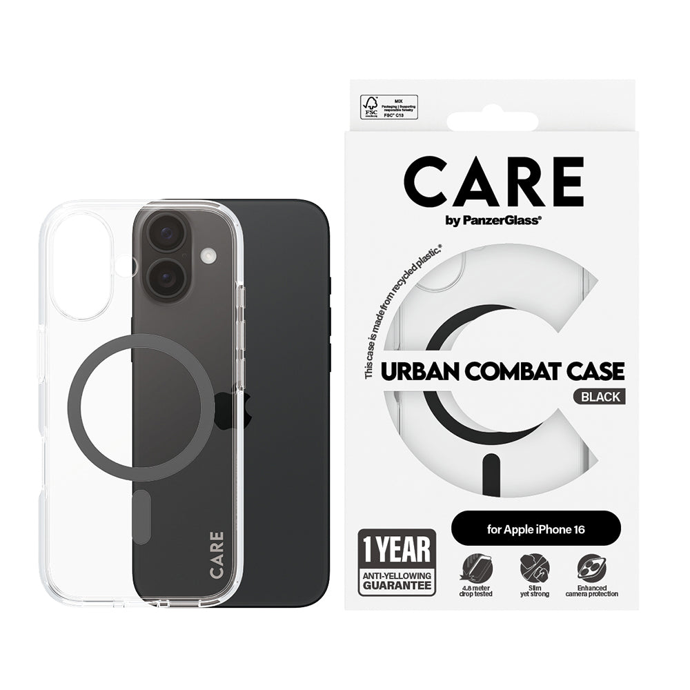 Puzdro MagSafe pre Apple iPhone 16, PanzerGlass, Care Urban Combat, Čierna Transparentná