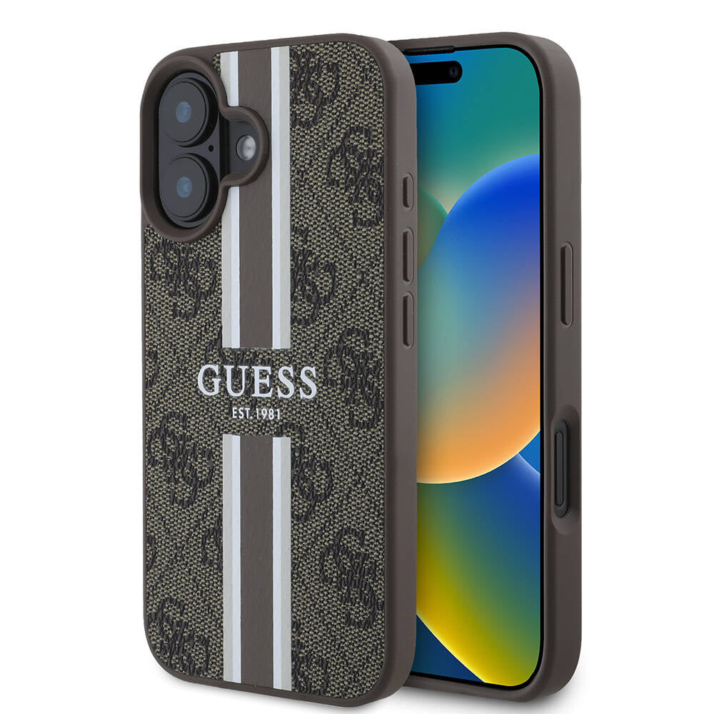 Puzdro MagSafe pre Apple iPhone 16 Plus, Guess, 4G Printed Stripes, Hnedé