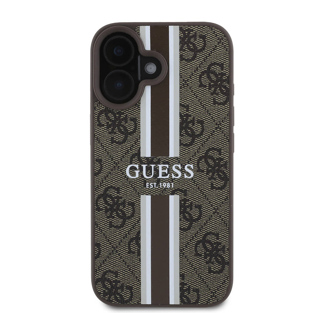 Puzdro MagSafe pre Apple iPhone 16 Plus, Guess, 4G Printed Stripes, Hnedé