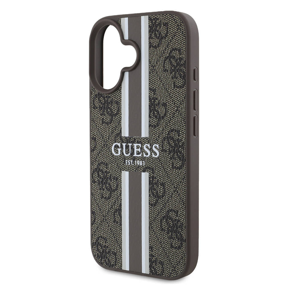 Puzdro MagSafe pre Apple iPhone 16 Plus, Guess, 4G Printed Stripes, Hnedé