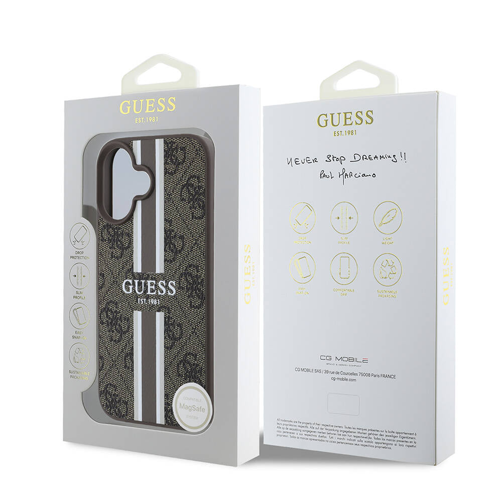 Puzdro MagSafe pre Apple iPhone 16 Plus, Guess, 4G Printed Stripes, Hnedé