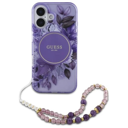Puzdro MagSafe pre Apple iPhone 16 Plus, Guess, IML Flowers with Pearl Strap, Fialové