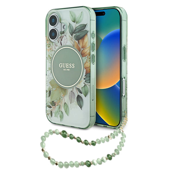 Puzdro MagSafe pre Apple iPhone 16 Plus, Guess, IML Flowers with Pearl Strap, Zelené