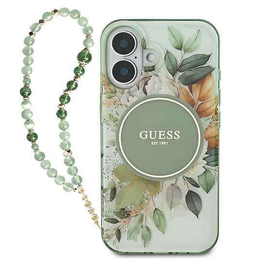 Puzdro MagSafe pre Apple iPhone 16 Plus, Guess, IML Flowers with Pearl Strap, Zelené